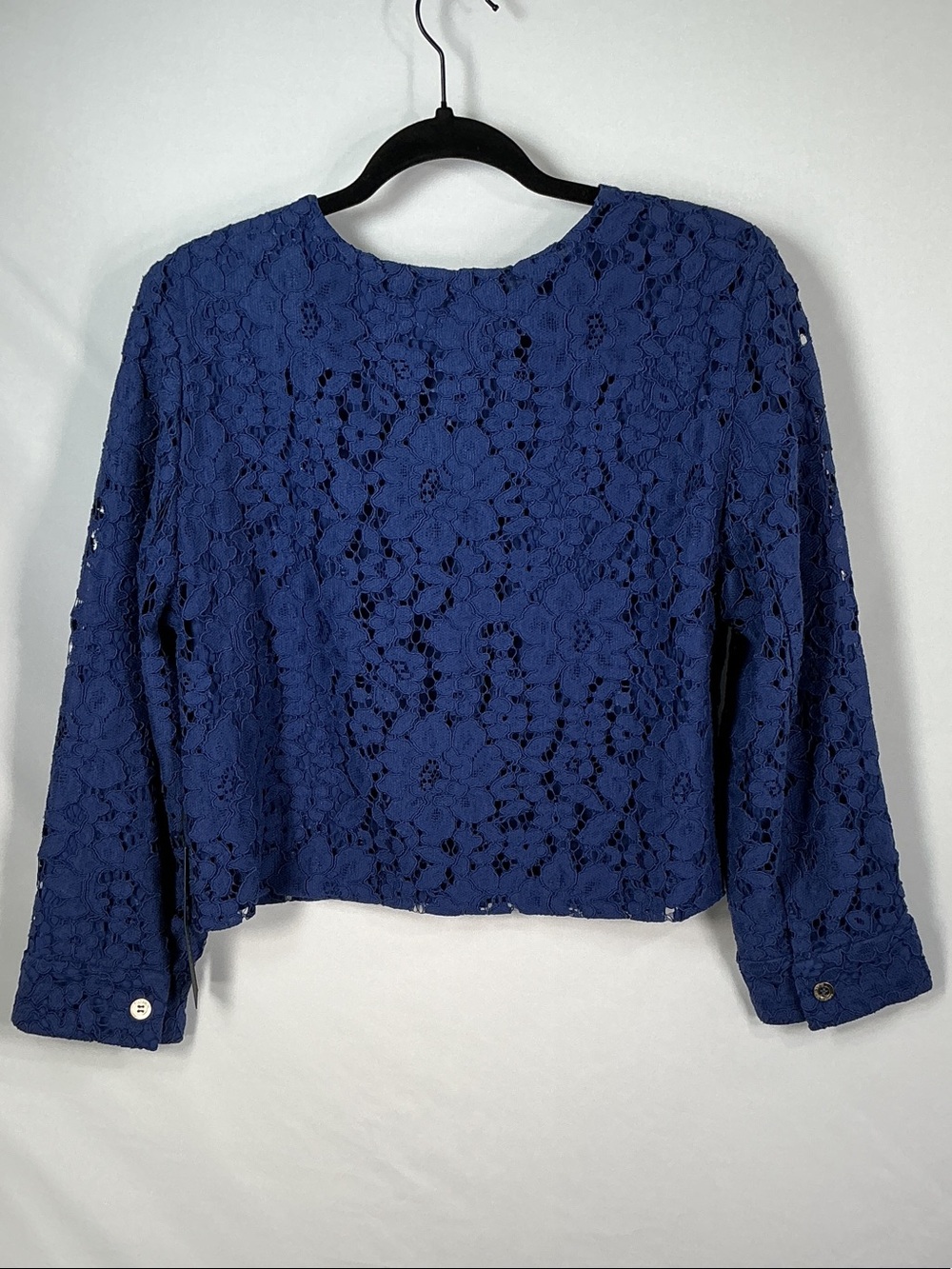 Chico's Black Label Lace Cropped Blazer Jacket Size 1 M Medium 8 Creekside Blue - Picture 12 of 16